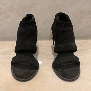 Suede open toe with gun metal heel